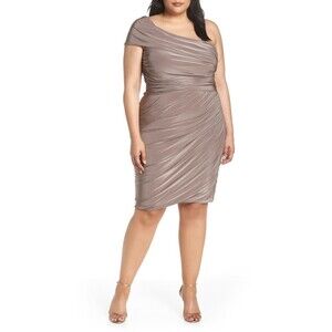 Eliza J One Shoulder Ruched Jersey Sheath Dress In Metallic Pewter Plus Size 24W